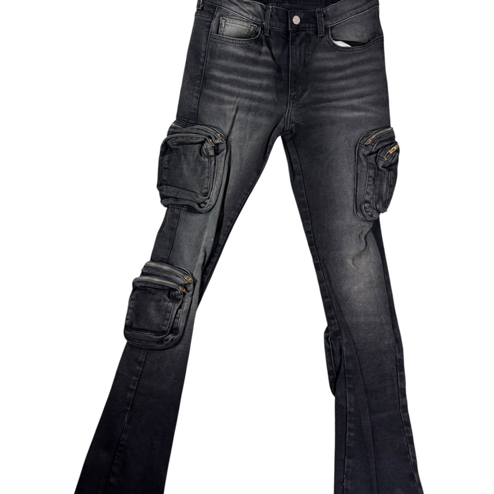 Golden Los Angeles Cargo Jeans Mens 32 Black Whiskering Denim Utility Pockets